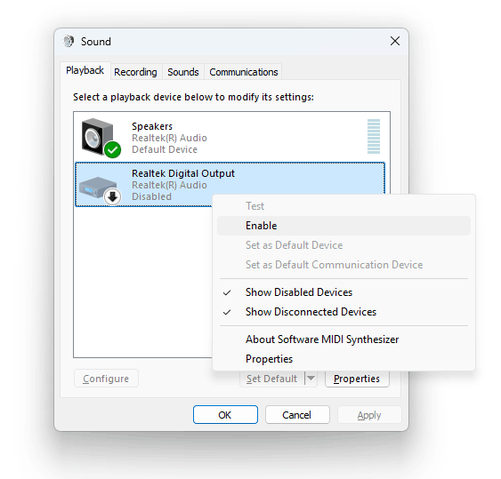 enable audio endpoint via sound settings