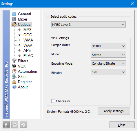 Select compression options