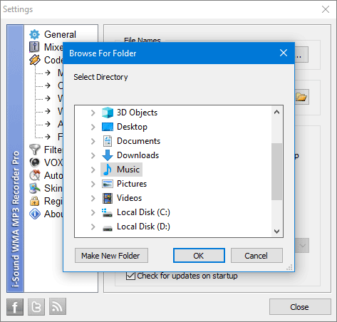 Select output folder for your recordings
