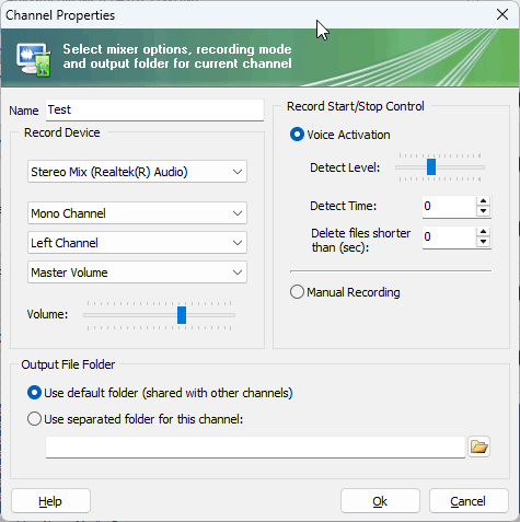 multichannel audio logger channel settings