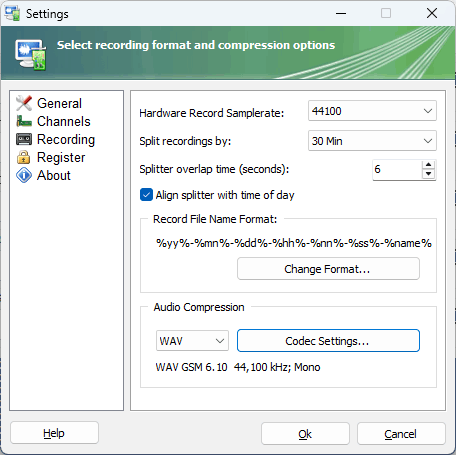 multichannel audio logger recording settings