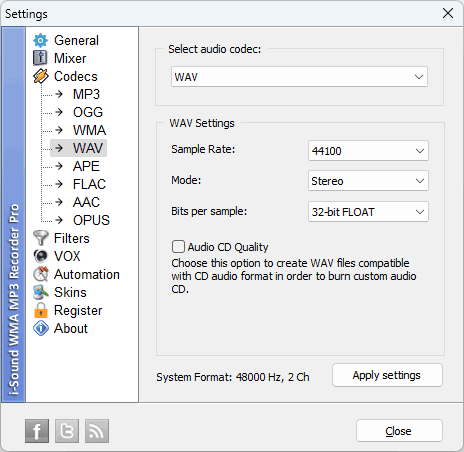 wav format settings